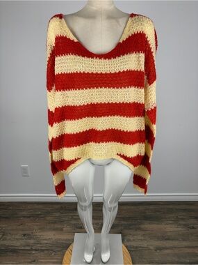 I JOAH Oversized Open Knit Striped Sweater | Red & Cream Slouchy Grunge Pullover